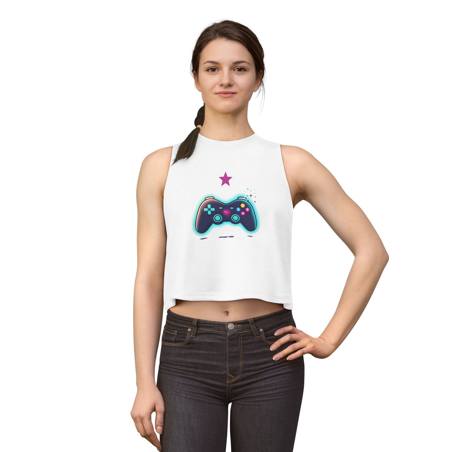 Gamer Controller Crop Top — Neon Retro Video Game Tee for Women