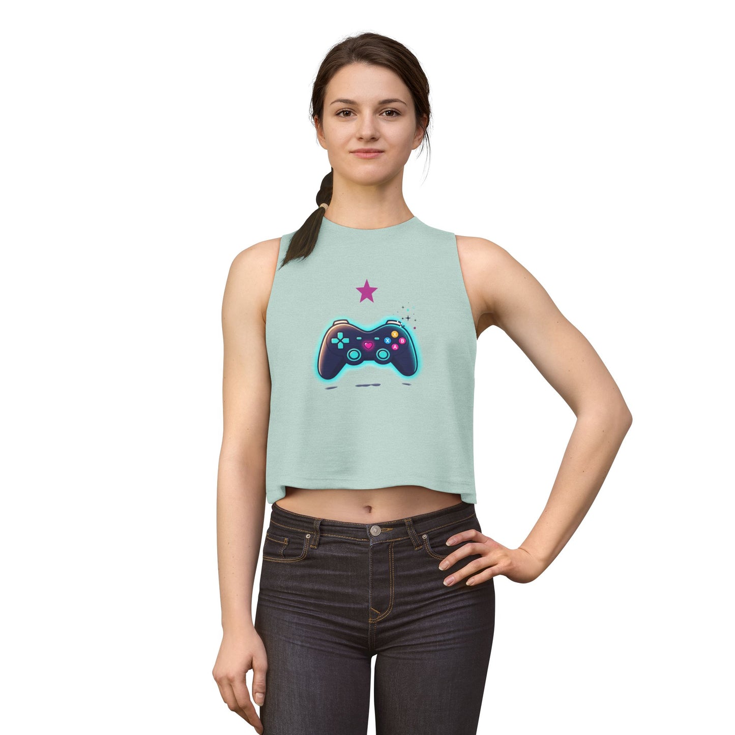 Gamer Controller Crop Top — Neon Retro Video Game Tee for Women
