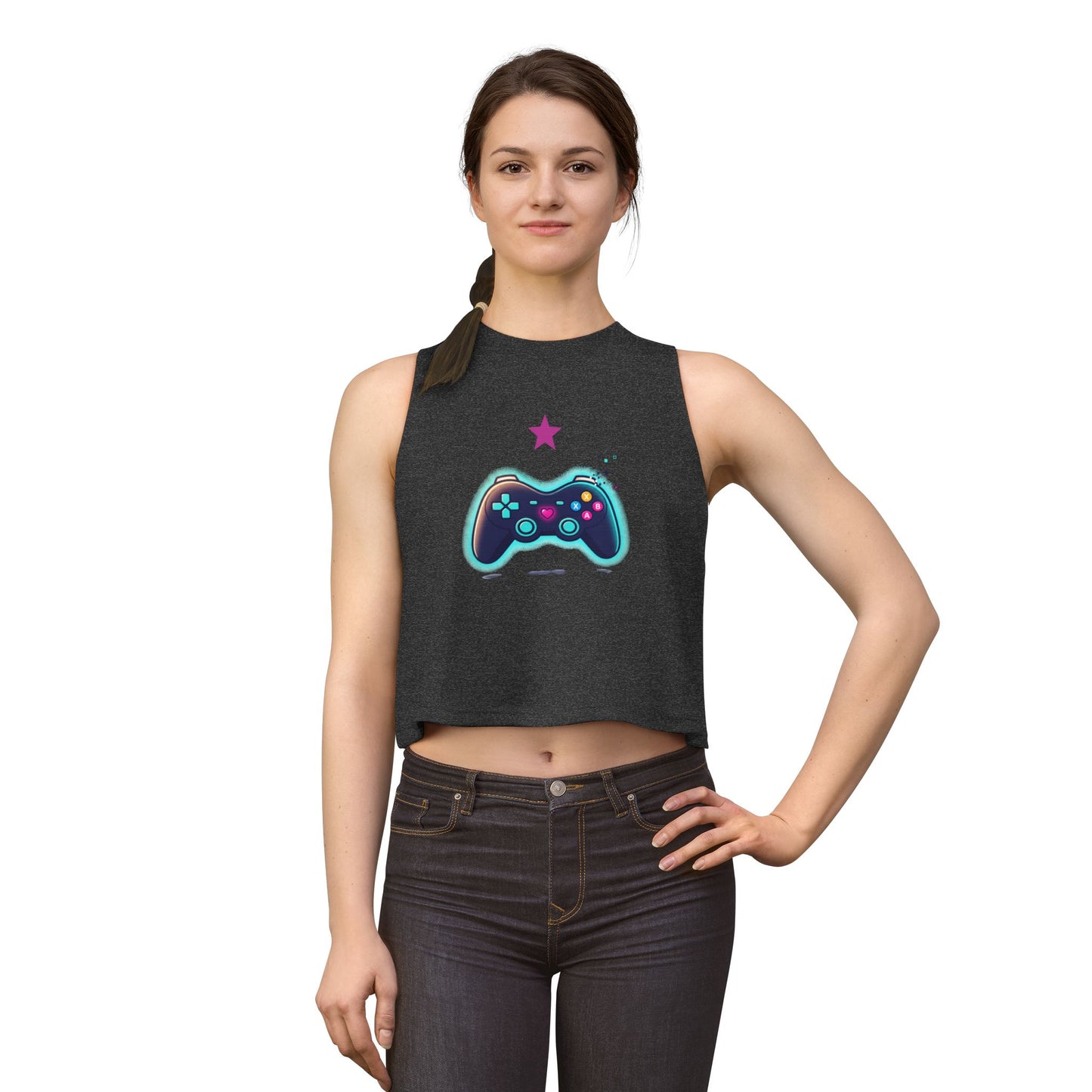 Gamer Controller Crop Top — Neon Retro Video Game Tee for Women